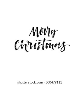 Merry Christmas postcard. Hand drawn holiday lettering. Ink illustration. Modern brush calligraphy. Isolated on white background.