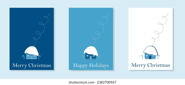 Merry Christmas postcard. Happy Holidays Vector Simple Graphic Holidays postcards Sweet home Family holidays Print Winter art Blue Greetings cards set Christmas Wishes Invitation Celebration Cute art