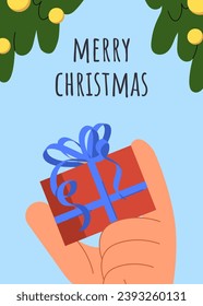 Merry christmas postcard. Happy New Year and winter holidays, Noel Eve. Hand with gift box in red wrapping papper. Present and surprise. Poster or banner. Cartoon flat vector illustration