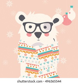 Merry Christmas postcard with hipster polar white bear wearing scarf, vector illustration