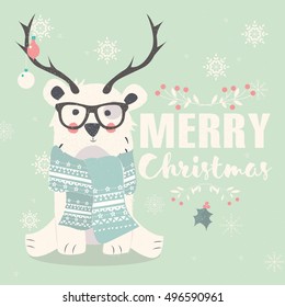 Merry Christmas postcard, hipster polar bear wearing glasses and antlers, vector illustration