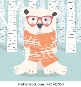 Merry Christmas postcard with hipster polar white bear in forest, vector illustration