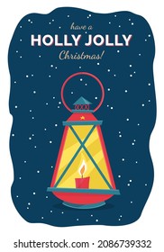 Merry Christmas Postcard. Christmas lantern with burning candle. Vector illustration.