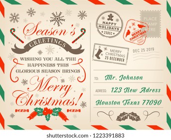 Merry Christmas postcard or letter, Xmas season greetings with stamps. Vector New Year or Christmas tree decorations, Santa gifts sock, snowflakes pattern and holy with candy canes