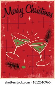 Merry Christmas Postcard, Mid Century Modern Greeting Card Stylization, Glasses and Spruce Branches, Mid Century Modern Art Style, Vintage Colors and Shapes, Grunge Texture 