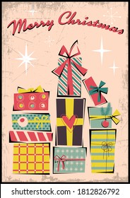 Merry Christmas Postcard, Mid Century Modern Greeting Cards Art Style, Gift Boxes, Vintage Colors, Grunge Texture Pattern 