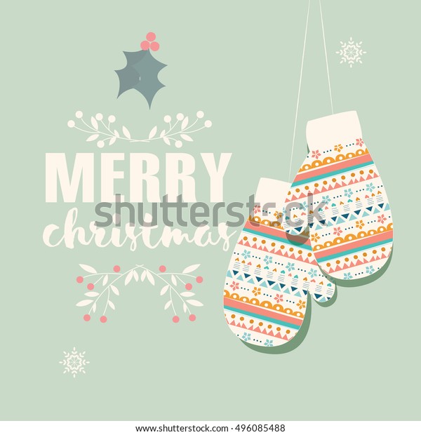 Merry Christmas postcard with mittens and\
decoration, vector\
illustration