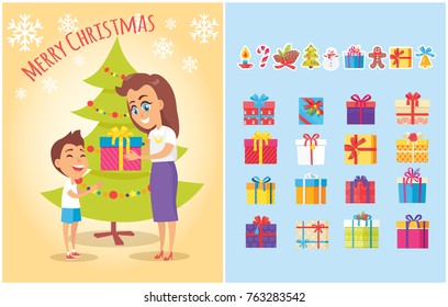 Merry Christmas postcard with mother giving present to son and set of gift boxes in color wrapping, icons of candy stick, spruce cones, snowman in scarf