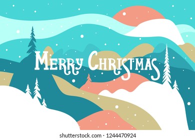 Merry Christmas. Postcard with mountains and snow covered hills, snowfall and the sun, trees. Winter landscape. Vector illustration.