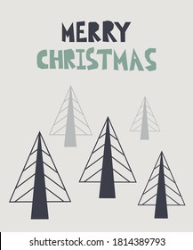 Merry Christmas postcard. New year card with xmas trees and lettering, winter festive gift cards, noel hand drawn poster or banner vector cartoon doodle illustration in scandinavian style
