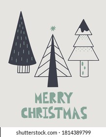 Merry Christmas postcard. New year card with xmas trees and lettering, winter festive gift cards, noel hand drawn poster or banner vector cartoon doodle illustration in scandinavian style