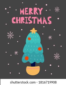 Merry Christmas postcard. New year card with xmas tree and lettering, winter festive gift card, noel hand drawn poster or banner vector cartoon doodle modern cartoon illustration