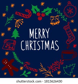 Merry Christmas postcard, New Years card, Holiday, Christmas tree decorations are perfect for prints, flyers, banners, invitations, promotions and more. Christmas vector illustration.