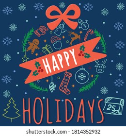 Merry Christmas postcard, New Years card, Holiday, Christmas tree decorations are perfect for prints, flyers, banners, invitations, promotions and more. Christmas vector illustration.