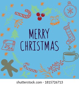 Merry Christmas postcard, New Years card, Holiday, Christmas tree decorations are perfect for prints, flyers. Christmas vector illustration.
