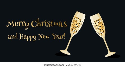 Merry Christmas postcard with pair of champagne glasses with glitter on black background. Happy new year celebration banner template