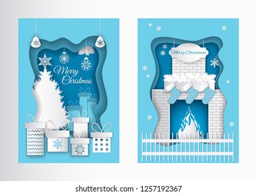 Merry Christmas postcard paper cut pine tree topped by star, flat style presents gift boxes with snowflakes. Fireplace, burning fire, Santa socks vector