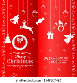 The Merry Christmas postcard poster design with snow pattern and clip art on red background