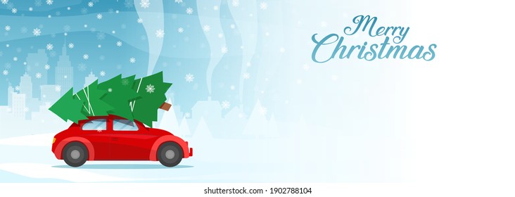 Merry christmas postcard or poster template with retro red car with christmas tree. 