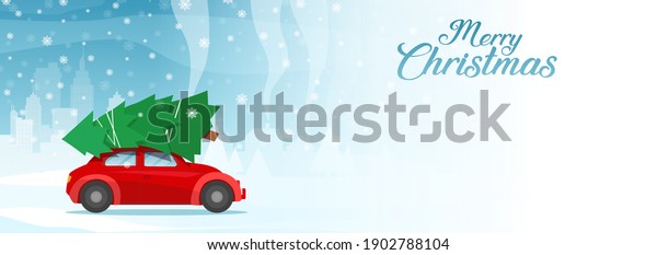 Merry christmas postcard or poster\
template with retro red car with christmas tree.\
