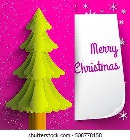 Merry christmas postcard in purple sparkling envelope with fir tree flat vector illustration