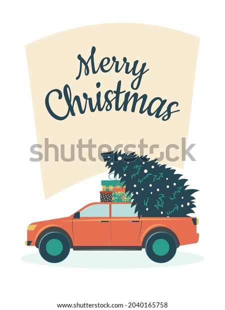 Merry\
Christmas postcard. Red fashionable car with gifts in boxes and an\
elegant Christmas tree in the back.\
Vector.