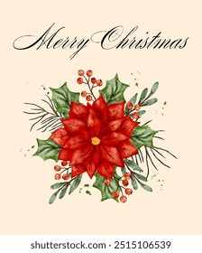 Merry Christmas postcard, red poinsettia flower or Christmas Star watercolor retro greeting card vector