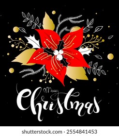 Merry Christmas postcard, red poinsettia flower or Christmas Star greeting card on black background