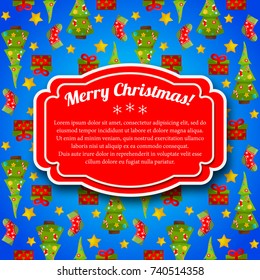 Merry christmas postcard with red text field on blue background with holiday symbols flat vector illustration