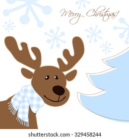 Merry Christmas postcard with Reindeer in a blue checkered scarf, snowflakes and Christmas Tree.