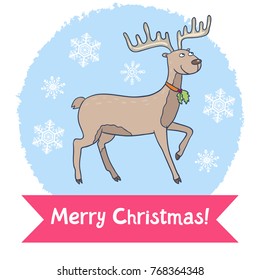 Merry christmas postcard with reindeer. Lovely vector illustration.