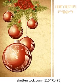 Merry Christmas Postcard With Ribbon Bow at Pine Tree and Copyspace 	