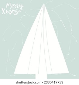 Merry Christmas postcard with scandinavian white tree with scribble on the background. Vector