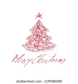 Merry Christmas postcard, scribble of abstract tree, vector made freehand design