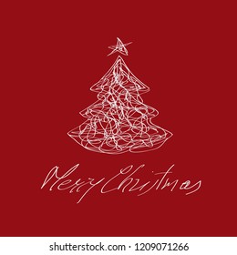 Merry Christmas postcard, scribble of abstract tree, vector made freehand design