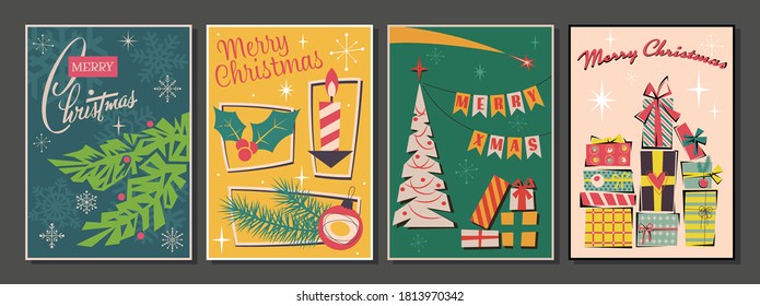 Merry Christmas Postcard Set, Mid Century Modern Holiday Greeting Cards, Ilustrations Art Style, Christmas Tree, Decorations, Gift Boxes, Candle. Vintage Colors and Shapes 