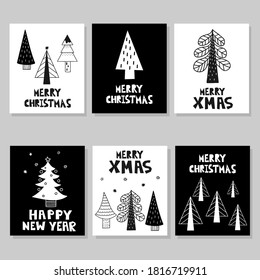 Merry Christmas postcard set. New year card with xmas trees and lettering, winter festive gift cards, noel hand drawn poster or banner, vector cartoon doodle illustration in scandinavian style
