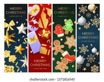 Merry Christmas postcard set with present boxes, baubles, stars, confetti, gingerbread cookies, balls, snowflakes. Vector illustration for festive posters, greeting cards, vertical banner design