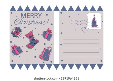 Merry Christmas Postcard. Snowflake, gift box and package, stocking for gifts, christmas tree. Cute multicolored vector illustration: pink, blue and white colors. One from the bright collection