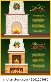 Merry Christmas postcard with stone and brick fireplaces with burning firewoods, bonfire vector. Luxury bonfire, flame and logs, mistletoe and jingles