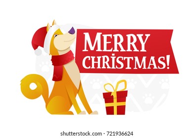 Merry Christmas postcard template with the cute yellow dog with the red gift on white background. The dog cartoon character vector flat illustration. 