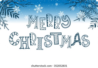 Merry Christmas postcard template. Winter holidays lettering with snowflakes and branches on blue background. Christmas card concept. 