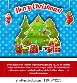 Merry christmas postcard with three eves decorated by the different toys, traditional symbols and gifts on the blue background with dots vector illustration