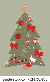 Merry Christmas. Postcard with a Christmas tree and different elements. Cute hand drawn illustration.