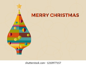 Merry Christmas postcard, tree flat, design in retro style
