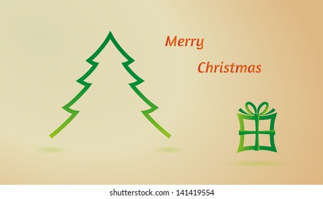 merry christmas postcard with tree and gift