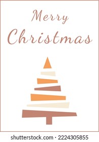 Merry christmas postcard with christmas trees in boho style. Flat new years tree in beige and orange colors