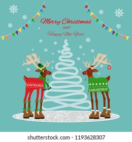 Merry Christmas postcard with two dressy deer, seasonal greetings  reindeer cartoon expression set in vector format.