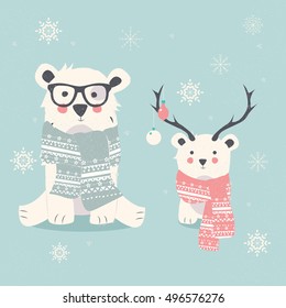 Merry Christmas postcard with two polar bears, hipster and cub, vector illustration