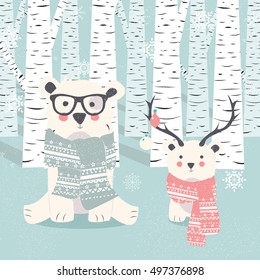 Merry Christmas postcard with two polar white bears in forest, vector illustration